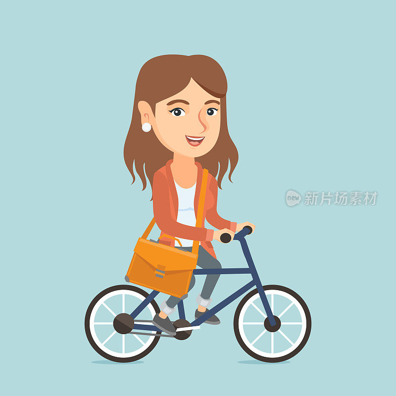 Young caucasian business woman riding bicycle